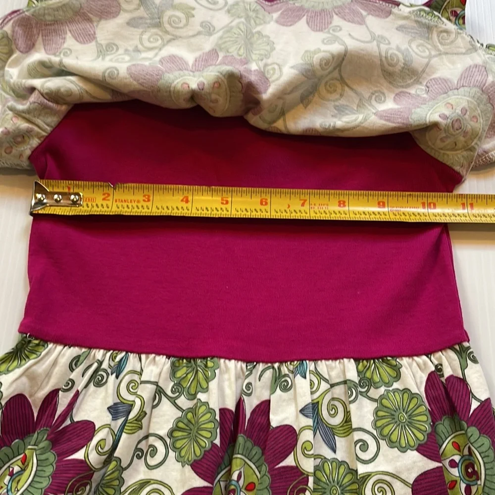 Tea cap sleeve off white with burgundy and green flowered dress, girls size 5